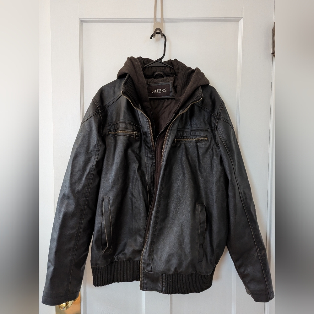Guess Vegan Leather Bomber Jacket Mens